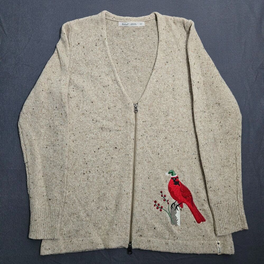 VTG Woolrich Cardigan Sweater Women M Stone Heather Red Cardinal Zip Wool Blend